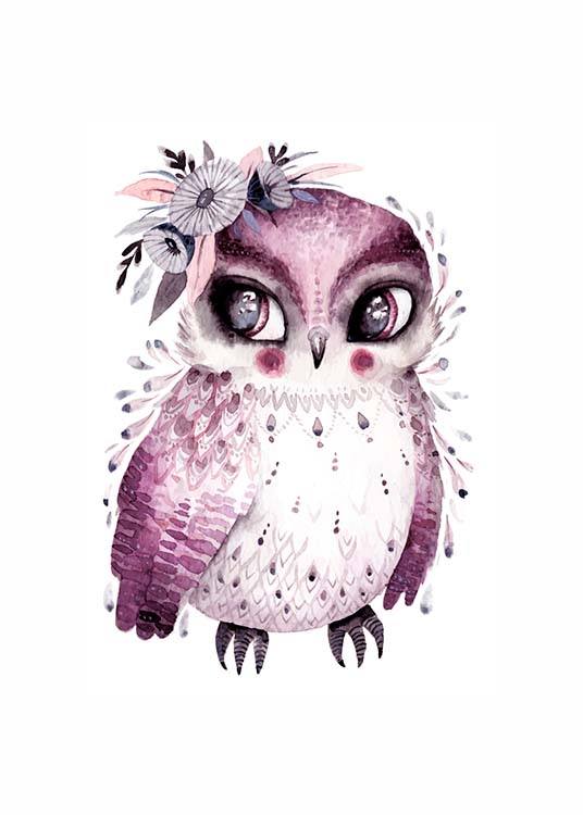  - Colourful animal poster with a small owl with flowers on its head.