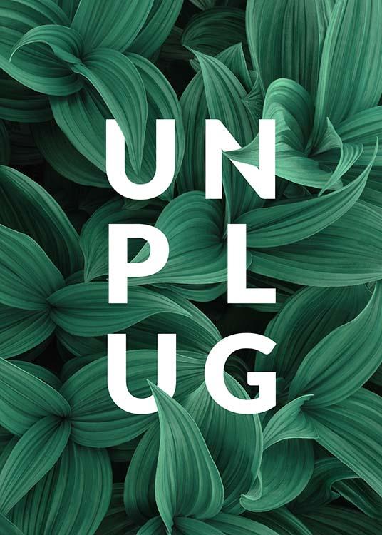  - Reflective text poster encouraging you to “Unplug” on a green leaf background.