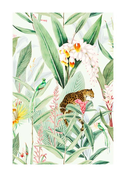  - Tropical plant poster with all types of plant, a colourful bird and a leopard.