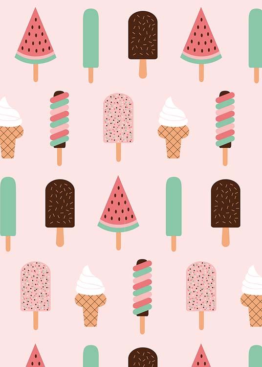 - Colourful children’s poster with various different types of ice cream including ice lollies and cones.