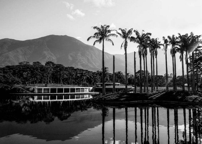  - Black and white photo poster of a lagoon surrounded by palm trees and mountains in the background.