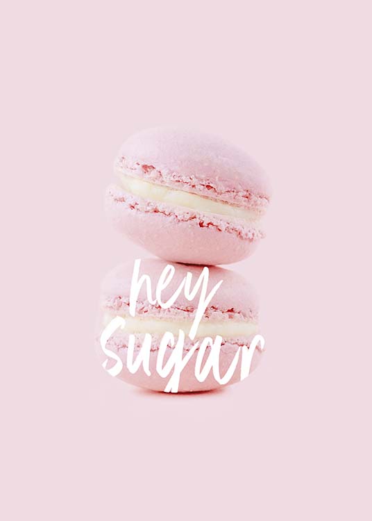  - Sugar-sweet poster with two pink macarons and the words “hey sugar”