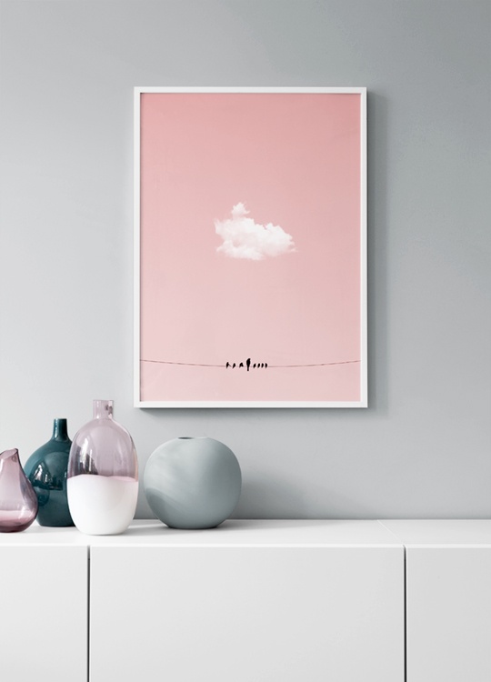  - Stylish photo poster with birds sitting on a power line and a pink sky in the background.