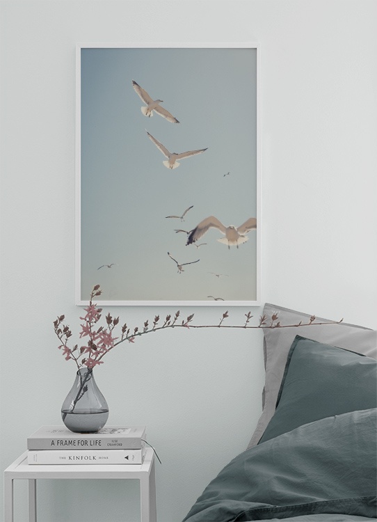  - Beautiful photo poster with screeching seagulls and a clear blue sky