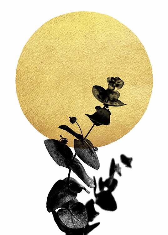  - Abstract art poster with a black-coloured plant in front of a golden circle and a white background