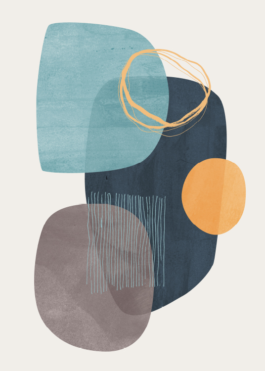  – Abstract graphic art with abstract shapes in blue and orange on a beige background