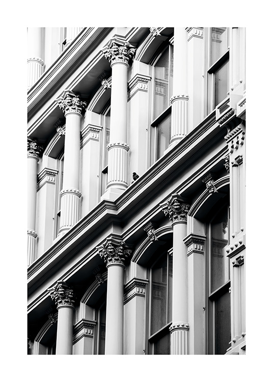 - Modern black and white photo poster showing an old building facade in New York’s Soho district