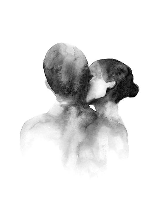  – Black and white watercolour illustration of a woman kissing a man on the cheek