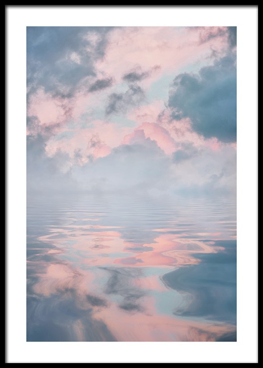 Nature print of lake and sky in pastel clouds reflecting in the water