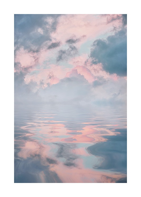 Nature print of lake and sky in pastel clouds reflecting in the water