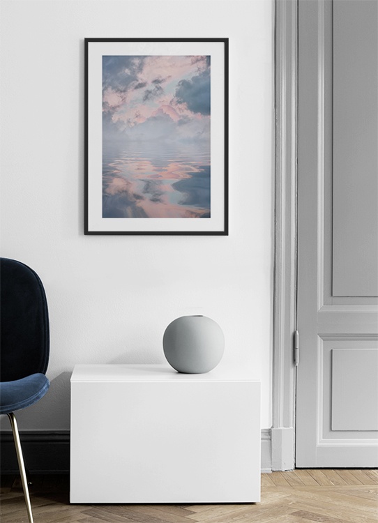 Nature print of lake and sky in pastel clouds reflecting in the water