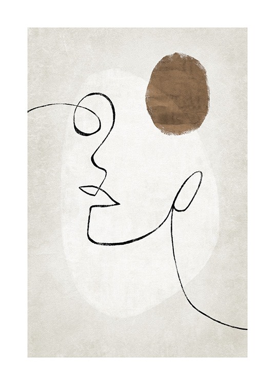  – Illustration with abstract shapes and a face in line art on a beige background