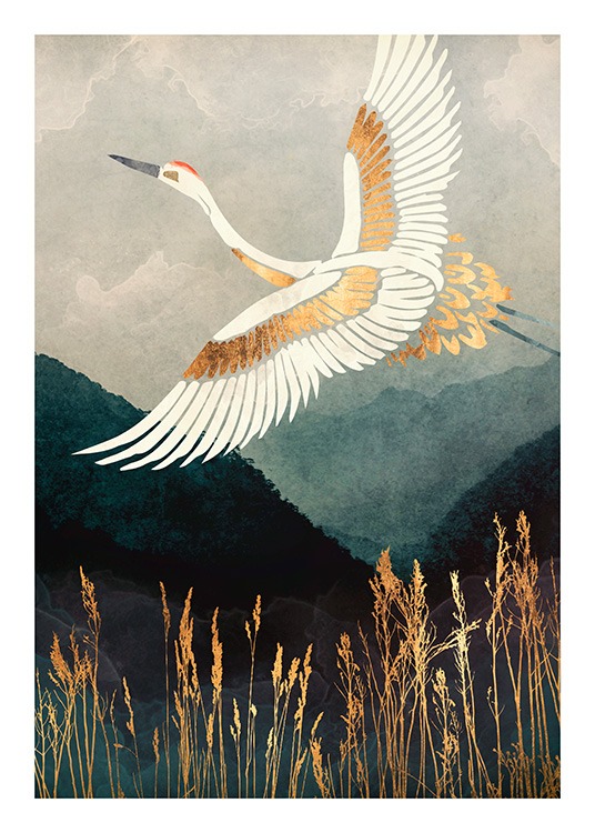  - Graphical illustration of a crane in white and gold, flying across a mountain landscape and high grass
