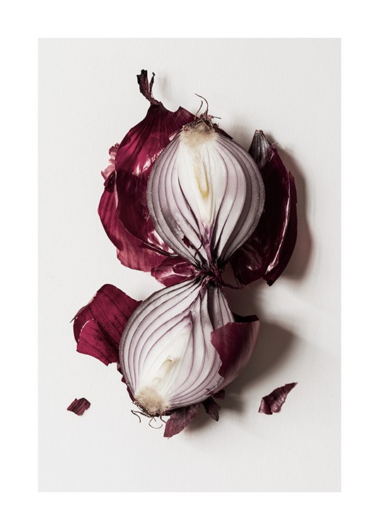  – Photograph of a red onion cut in half on a light grey background