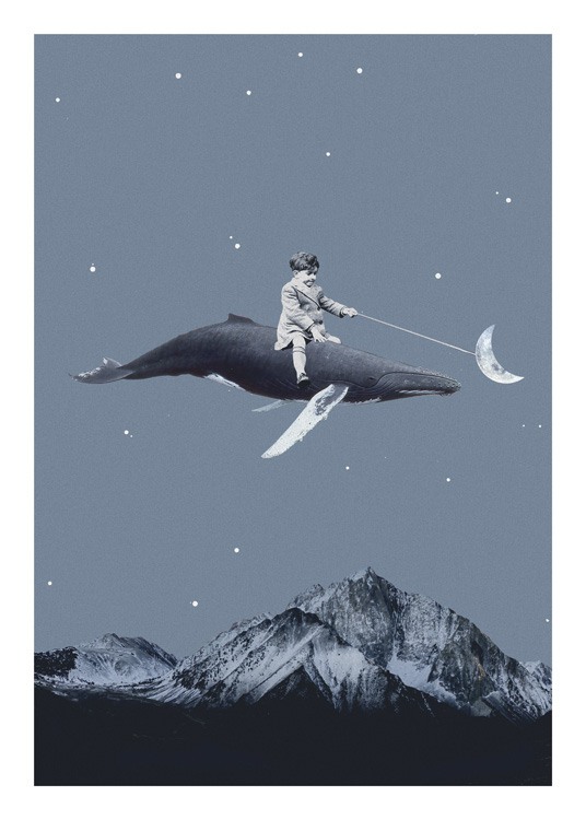  – Graphic illustration with a whale flying over mountains with a child sitting on it