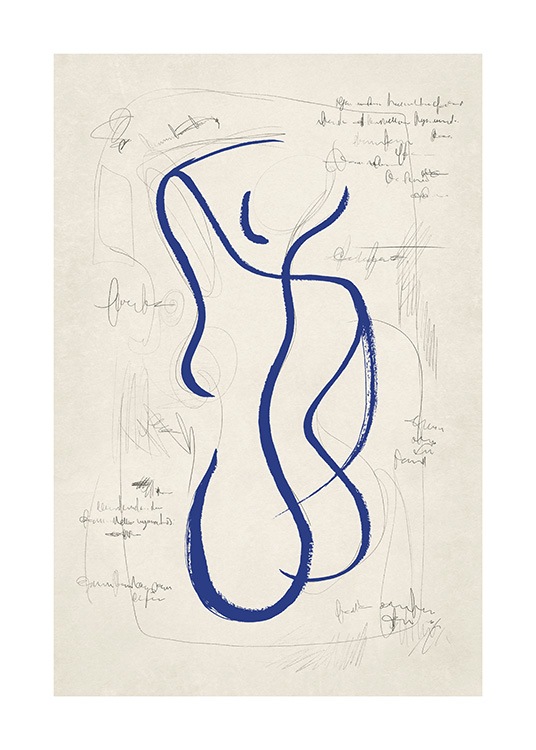  – Sketch in line art of a back outlined in blue, with text around it against a beige background