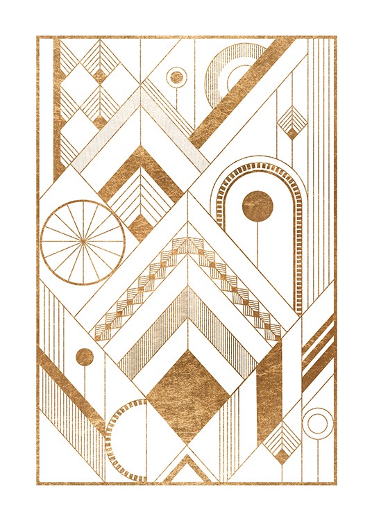  – Graphic illustration with gold shapes forming a pattern on a white background