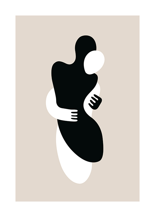  – Graphic illustration of black and white figures in an embrace, against a beige background