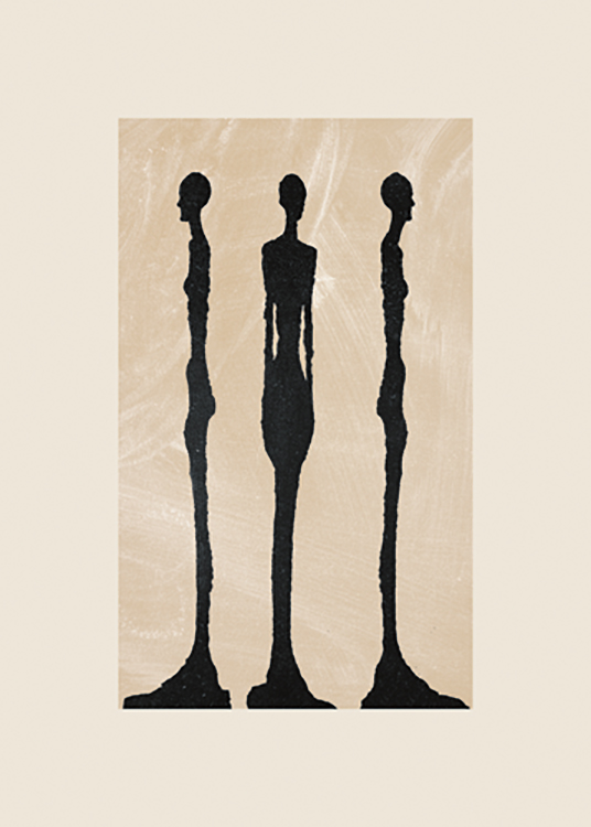  – Graphic illustration with three, black sculptures next to each other against a beige background