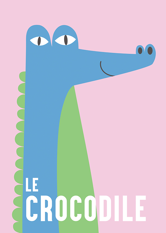  – Graphic illustration of a smiling crocodile in blue and green on a pink background