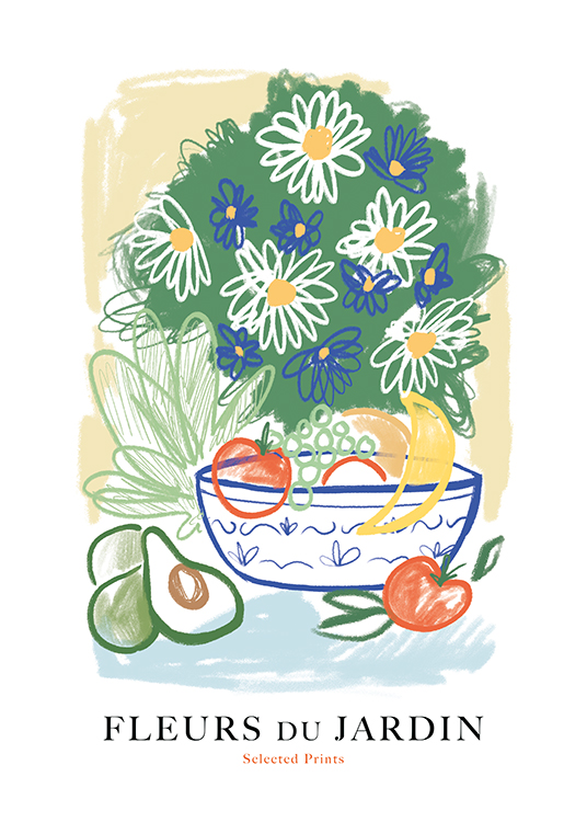  – Illustration of a flower bouquet and fruit and vegetables in a bowl