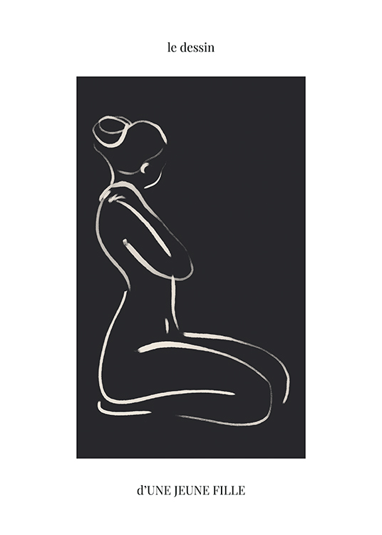  – Illustration with a naked woman on her knees, drawn in line art on a black and light background
