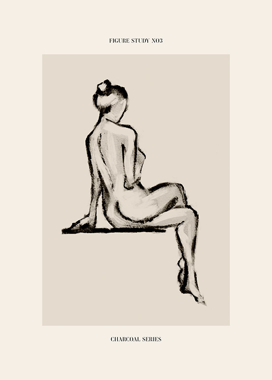  – Sketch in charcoal of a naked woman with her legs crossed seen from behind, on a beige background