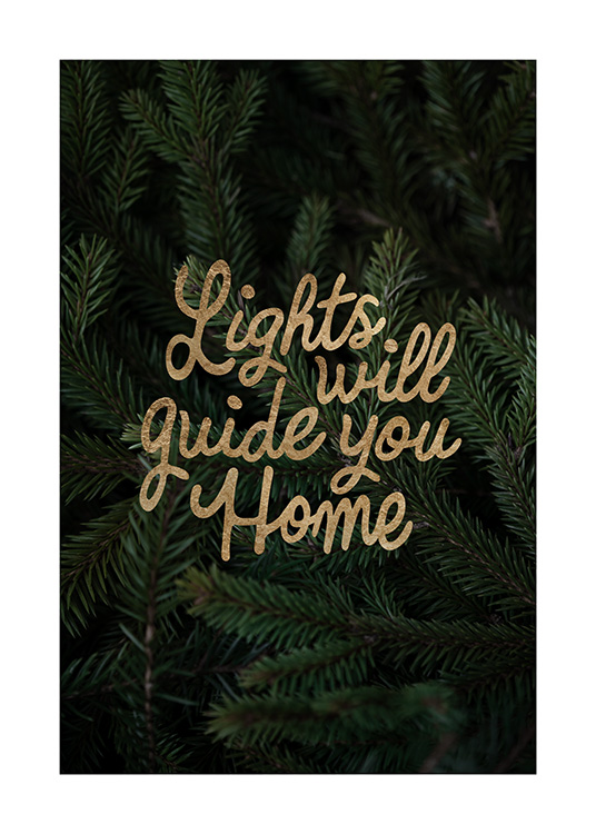  – Photograph of Christmas tree branches and golden text saying 