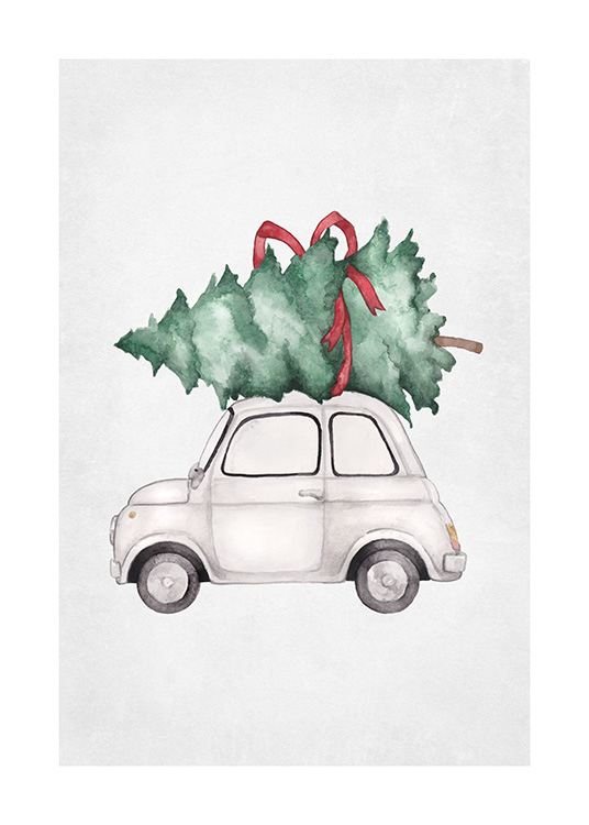  – Illustration of a little car with a green Christmas tree on the roof, wrapped with a red bow