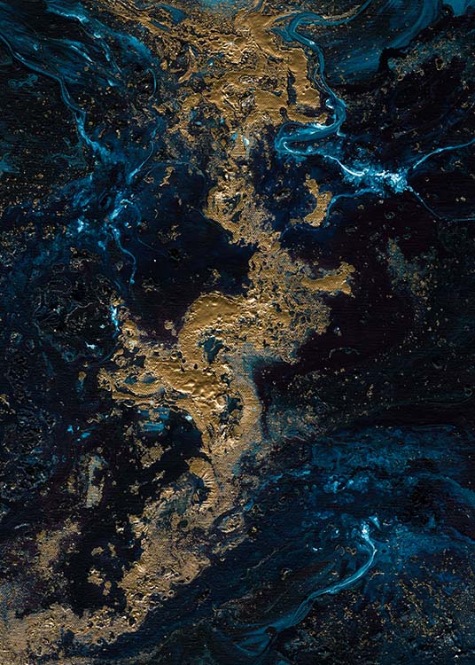  – Abstract oil painting with blue and gold swirls