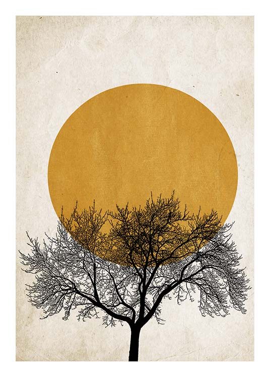  – Graphic illustration with a black tree in front of a dark yellow sun and beige background