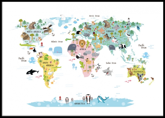 karta barn Kids poster with world map with animals – desenio.ie