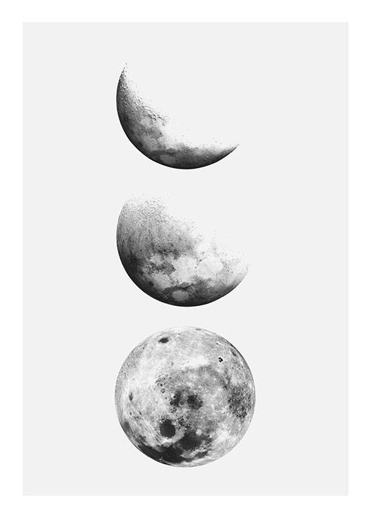  – Black and white illustration of a row of moons in different phases