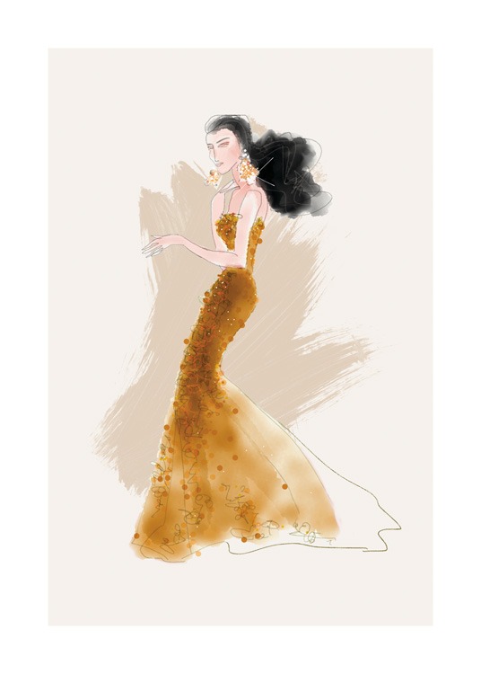 – Illustration of a woman in a dark yellow gown with sequin details against a beige background