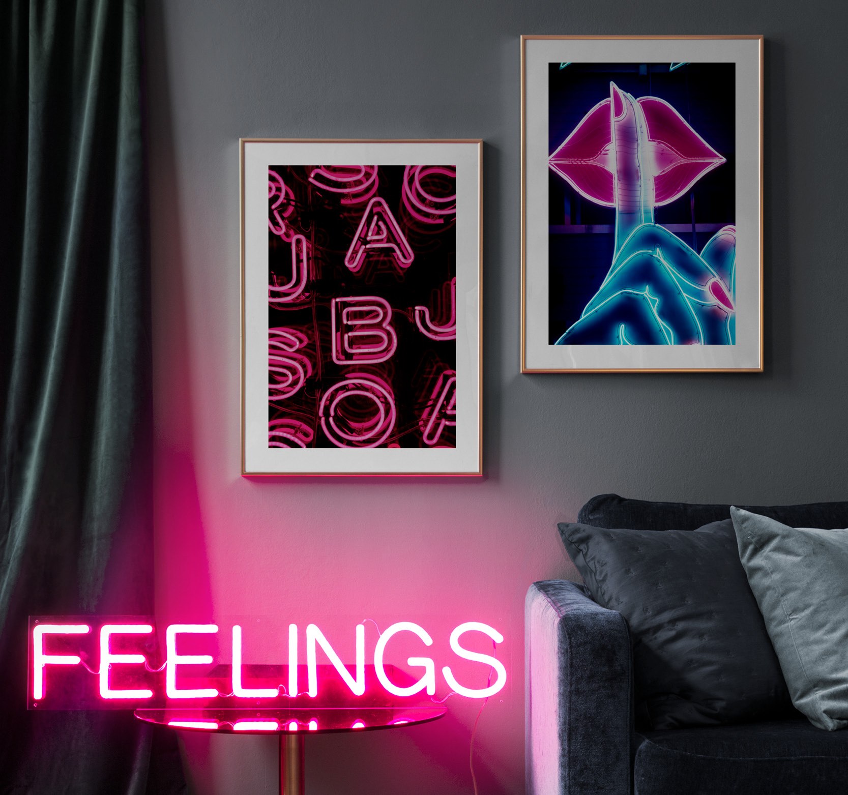 Trendy pair of prints with photo of neon signs