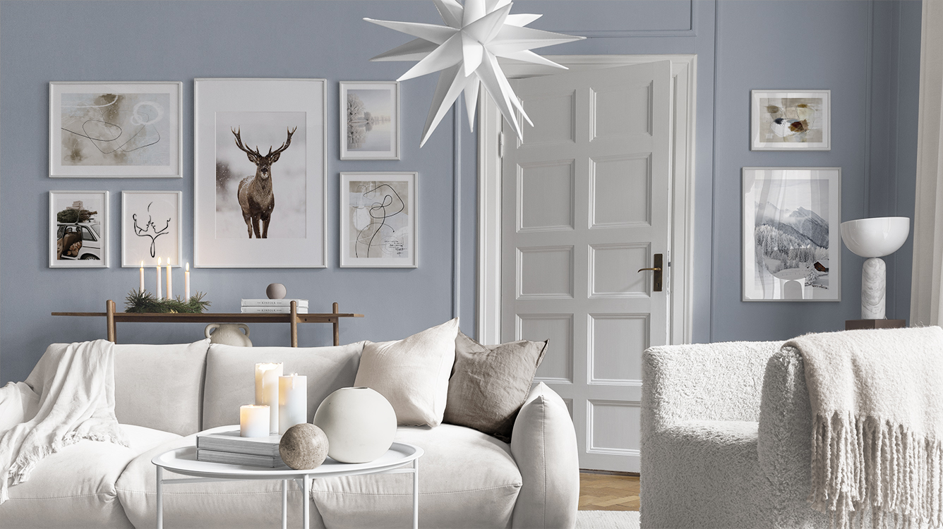Serene winter prints and illustrations in calm colours for living room